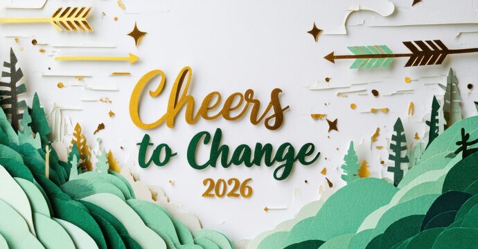 Papercraft design features layered mountains, trees, golden accents. Text reads Cheers to Change 2026. Festive, hopeful imagery.