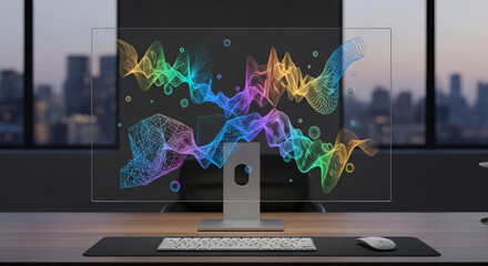 Futuristic Computer Display with Colorful Abstract Data Visualization.