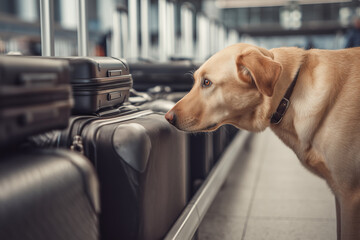 Security dog sniffing luggage near passport control area, performing inspection for contraband, drugs, or explosives. Airport security, customs and border safety measures during international travel.