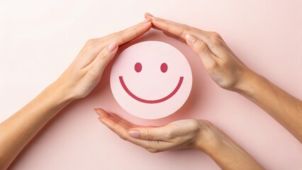 Hands Surrounding Happy Face Icon on Soft Pink Background