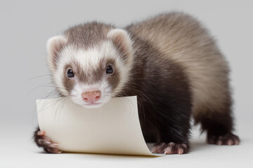 Naklejka premium Adorable ferret holding a blank white paper for your message. Cute animal portrait with copy space on a gray studio background.