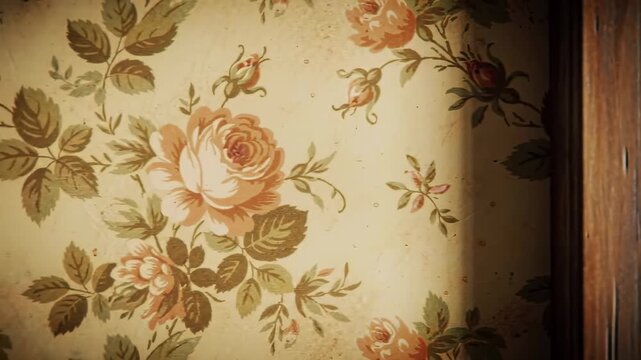Vintage floral wallpaper corner with aged wood trim