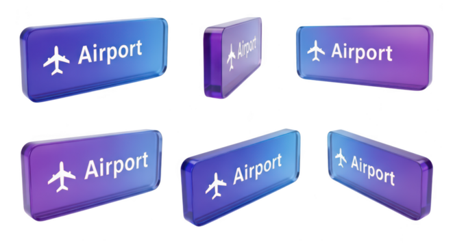 Rendered digital 3D airport button icons showcasing various angles on a white background for website or user interface design elements