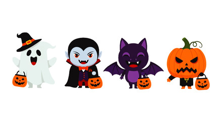 Obraz premium Halloween Cartoon Characters: Ghost Vampire Bat and Pumpkin Holding Jack-o-Lantern Buckets.