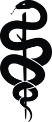 Black Rod of Asclepius vector illustration, ideal for medical, healthcare, or veterinary designs, featuring a single snake entwined around a staff on a white background.