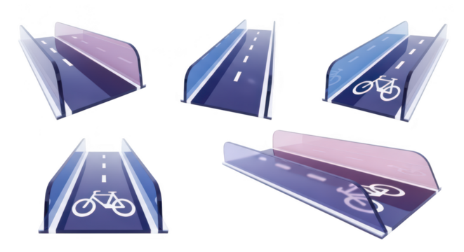 Isometric 3D renderings showcase a bike lane with a safety barrier on a white backdrop ideal for urban design visualizations