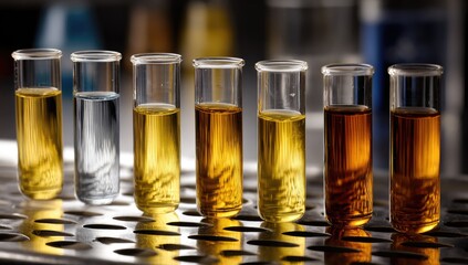 Colorful liquids in test tubes, lab setting