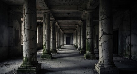 Fototapeta premium A long hallway with many weathered columns in an abandoned building with a door at the end of the hall