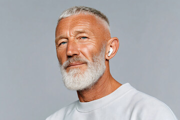 Stylish Silver‑Haired Man with Wireless Earbuds – Tech Lifestyle Portrait
