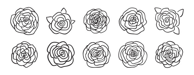 Rose bud flower doodle hand drawn icon set. Outline drawing rose bud flower line clipart symbol collection