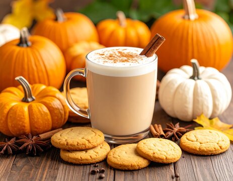 Pumpkin spice latte with cinnamon sticks