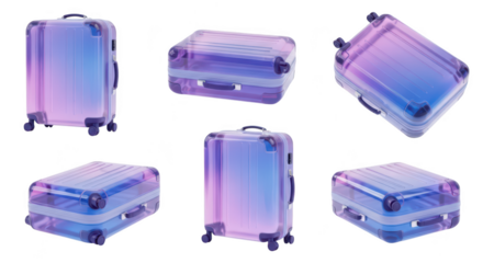 Suitcases in various angles gradient colors isolated on white representing travel vacations and luggage