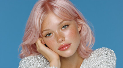Pink‑Haired Beauty Portrait with Silver Sparkly Dress – Festive Glam Banner