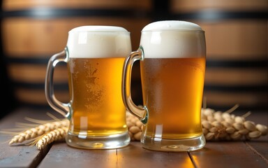 Two mugs of fresh light beer on the background of wooden barrels with wheat. Close up template for advertising a brewery, beer festivals and international beer day with space for text. High quality
