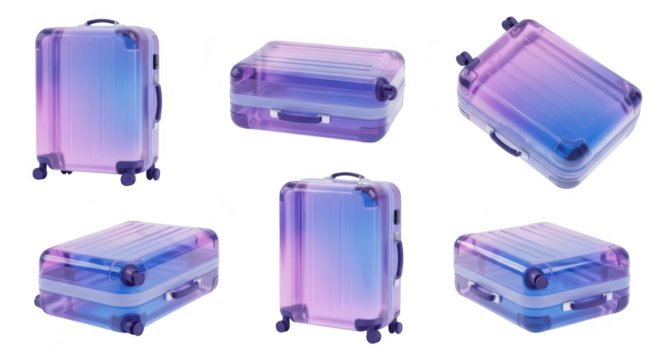 Suitcases in various angles gradient colors isolated on white representing travel vacations and luggage