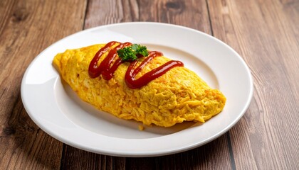Japanese Omurice with Ketchup on White Plate