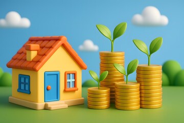 Colorful House Model with Coins and Green Sprouts Against Blue Sky