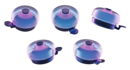 Multiple angle views of translucent iridescent bicycle bell isolated on white for product showcases or educational illustrations