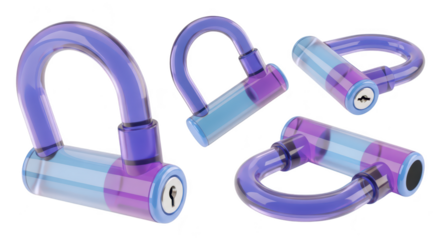 Four clear bicycle locks displayed on a white background showing a security concept for protection and anti-theft