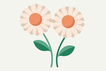 Two simple daisy flowers with orange centers and green leaves on a light background