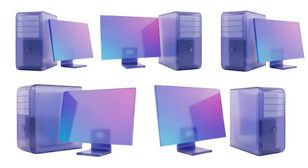 Isolated transparent computer towers and monitors arrange on a white backdrop illustrating digital technology and communication concepts for IT marketing materials