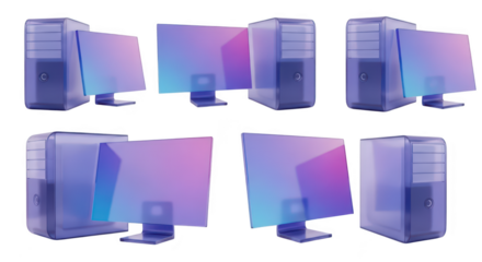 Isolated transparent computer towers and monitors arrange on a white backdrop illustrating digital technology and communication concepts for IT marketing materials