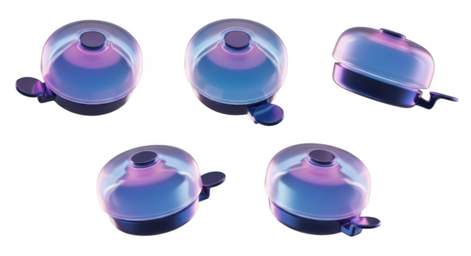 Multiple angle views of translucent iridescent bicycle bell isolated on white for product showcases or educational illustrations