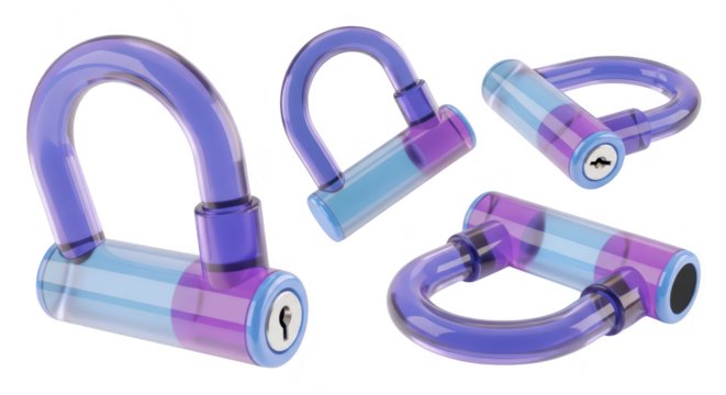 Four clear bicycle locks displayed on a white background showing a security concept for protection and anti-theft