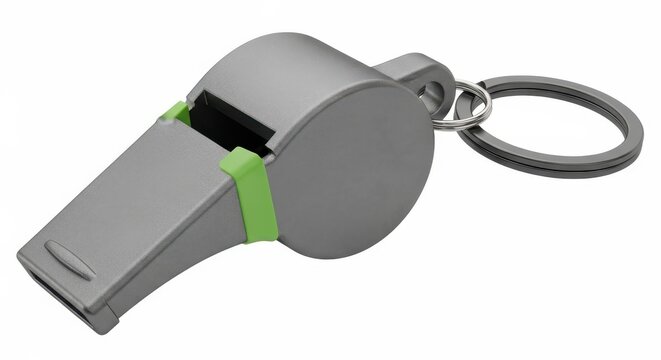 Silver whistle with green accent isolated on white background