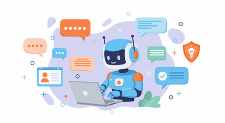 A friendly robot is working on a laptop with various speech bubbles surrounding it, representing communication and information.