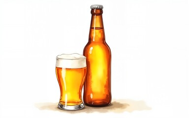 Hand-drawn watercolor illustration bottle of beer with shaped glass of beer, beer festival, international beer day. High quality