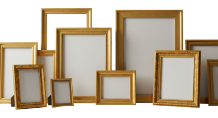 Multiple elegant, ornate gold picture frames, varying in size/shape, some with abstract inserts, meticulously arranged on light marble with soft studio light, conveying elegance and prestige for