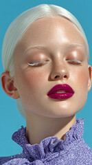 Platinum‑Skin Model with Bold Lips and Sparkle Dress for High‑Fashion Ads