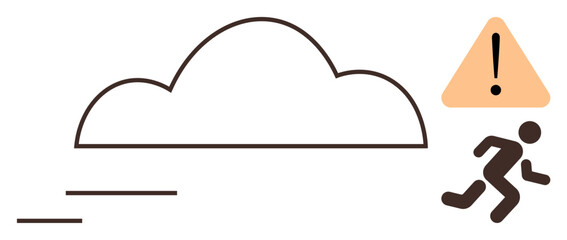 Person running near cloud and triangular alert sign highlighting danger and urgency. Ideal for safety, warning, environmental risk, escape, urgency, hazard awareness, simple flat metaphor