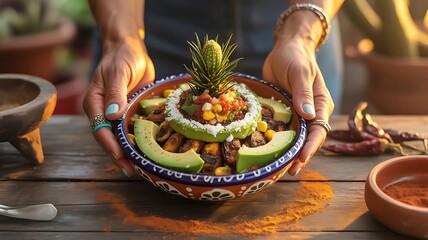 Hands present a colorful bowl of avocado salad with cactus garnish