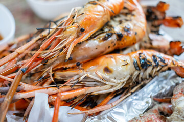 Grilled river prawns served on plate