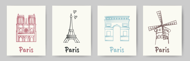 Hand drawn Paris themed posters. Vector doodle illustrations. Stylish French travel and lifestyle icons in minimal sketch style. © Huma Fida