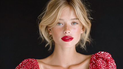 Blonde Glam Portrait with Glossy Red Lips on Black – Makeup Product Banner