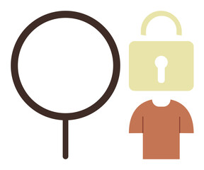 Magnifying glass beside a padlock over a human figure, emphasizing identity protection, data privacy, cybersecurity, user authentication, online safety, information security, simple flat metaphor