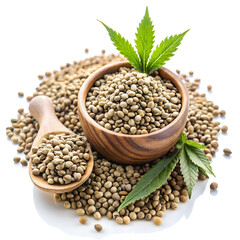 A wooden bowl and spoon filled with beige hemp seeds, surrounded by more seeds and leaves on white
