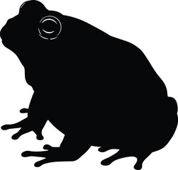 Black frog or toad silhouette vector illustration, ideal for nature, wildlife, or amphibian-themed designs, showcasing a detailed solid outline on a clean white background.