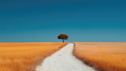 A solitary tree stands sentinel on a dirt path through a golden field under a vibrant blue sky