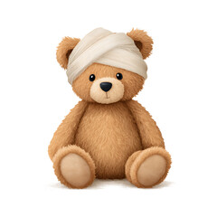 Obraz premium Injured Teddy Bear with Bandage on Head Isolated on White Background A Symbol of Care and Comfort