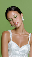 Silver Sequin Glam Portrait with Black Glitter Eyeshadow – Neon Green Banner