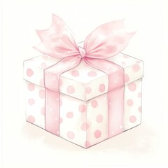 A square gift box, polka-dotted white, with a delicate pink ribbon bow