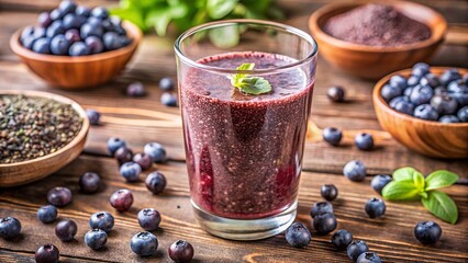 Photo of a vibrant blueberry smoothie in a glass, surrounded by fresh blueberries, chia seeds, and mint leaves on a rustic wooden table
