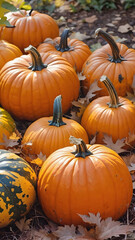 Large Orange Pumpkins on the Ground Among Fallen Autumn Leaves in a Fall Landscape