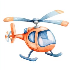 Cute cartoon helicopter in watercolor style.  Vibrant orange body with blue accents.  Simple, child-friendly design.  Flying vehicle illustration
