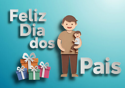 Feliz Dia dos Pais com pai e filho feitos de papel e presentes coloridos