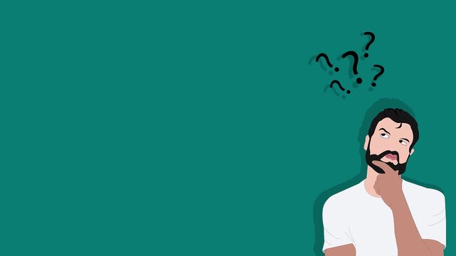 
video illustration of a man thinking about his business project, with a turquoise wall background